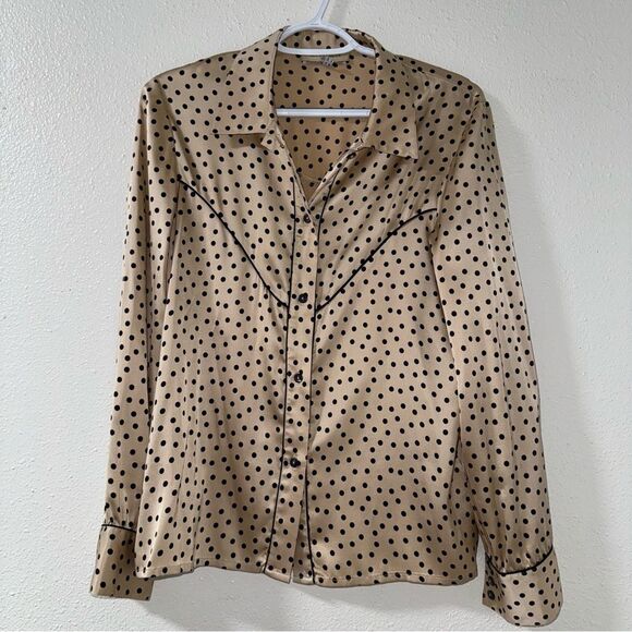 See By Chloe Paris tan with black polka dots long sleeve button Top size USA 10 - Picture 1 of 8